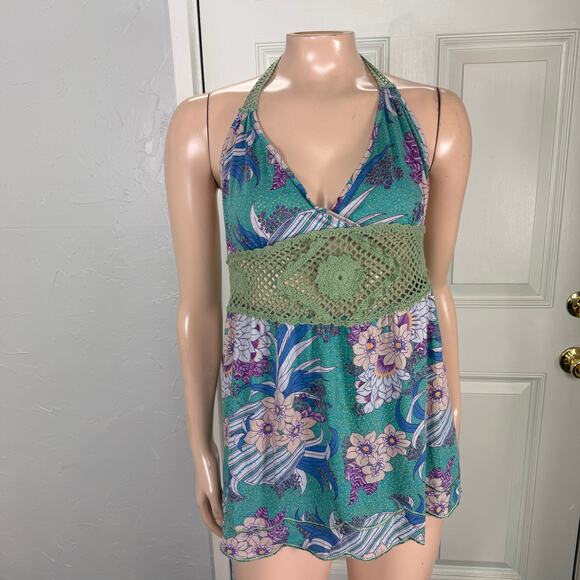 Vintage Y2K Anthropologie Women's Top Small Cotton Floral Halter Crochet PP28 - Picture 1 of 6